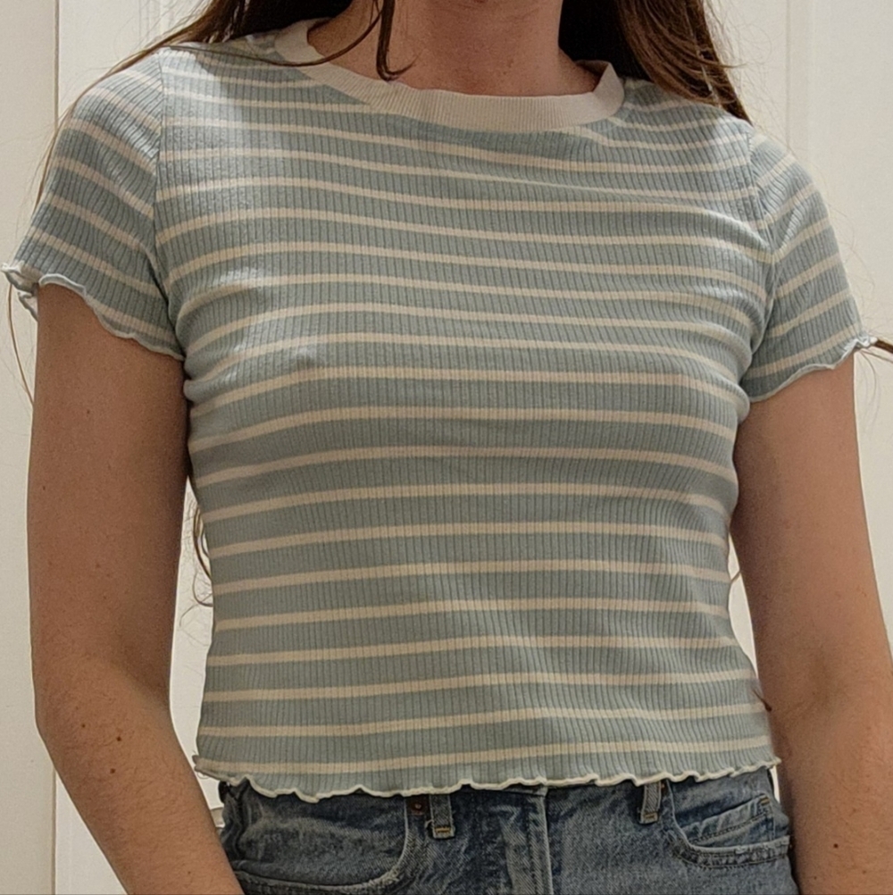 Striped Ribbed Short-Sleeve Crop Top - Light Blue & White